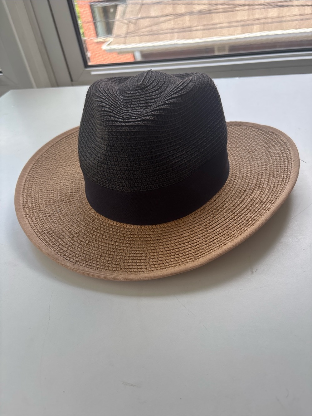 Two-Tone Black and Tan Straw Fedora Hat for Women